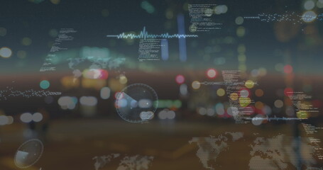 Image of data processing over people and cars on busy street