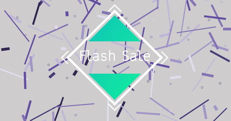 Image of flash sale text in white frame, purple lines on grey background
