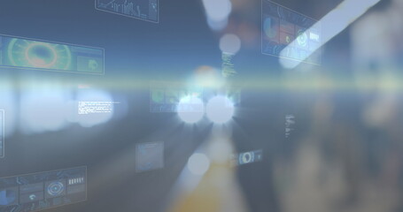 Image of data processing over people and cars on busy street