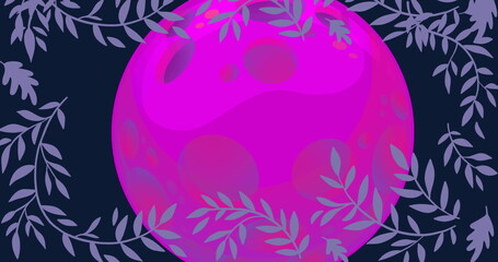 Naklejka premium Image of pink moon surrounded by lilac leaves on grey background