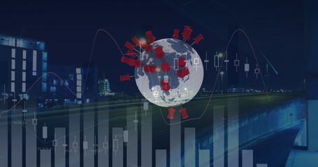 Image of financial data processing over location pins on globe and cityscape
