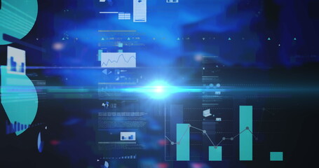 Digital interface with data processing against bright spot of light on blue background