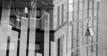 Financial and statistical data processing against tall buildings in background