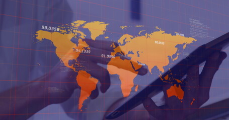 Multiple numbers floating over world map against mid section of person using digital tablet