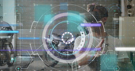 Data processing and scope scanning over caucasian man wearing vr headset in the garage