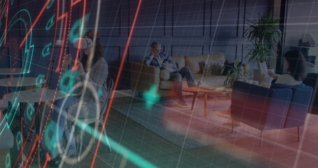 Data processing and scope scanning over caucasian woman gesturing while wearing vr headset at office