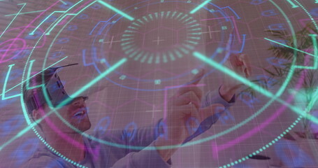 Data processing and scope scanning over caucasian man gesturing while wearing vr headset at home