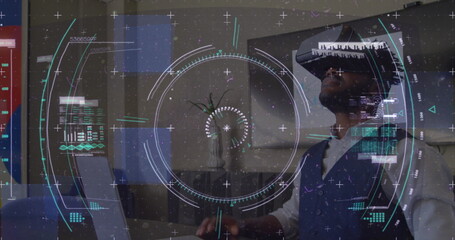 Data processing and scope scanning over african american man gesturing while wearing vr headset