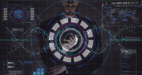 Data processing and scope scanning over caucasian man touching futuristic screen
