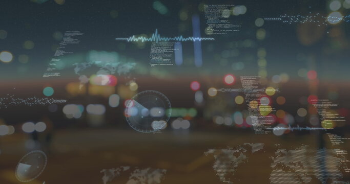 Image of data processing over people and cars on busy street