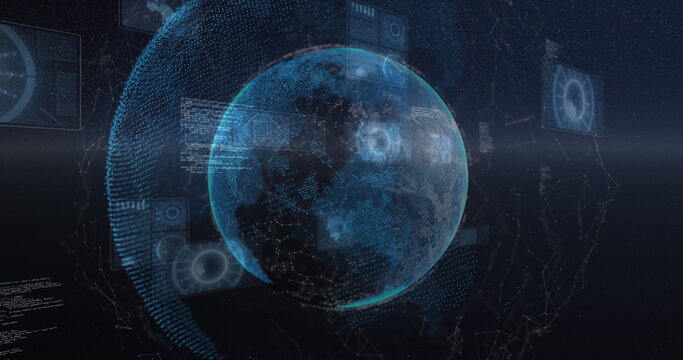 Image of data processing and scanning over earth seen from space - Powered by Adobe