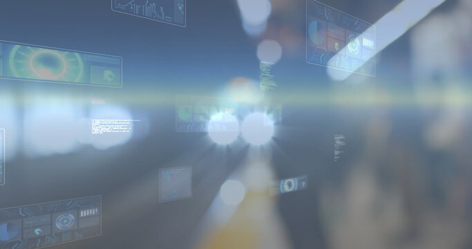 Image of data processing over people and cars on busy street