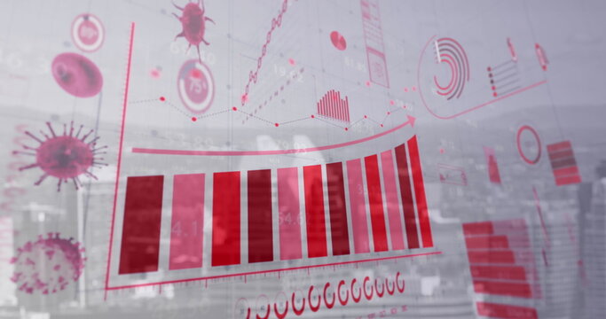 Coronavirus statistical data processing over grid network against cityscape in background