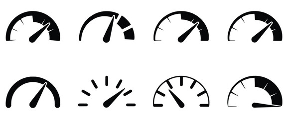 Collection Of Speedometer Icons Displaying Different Levels And Measurement Metrics