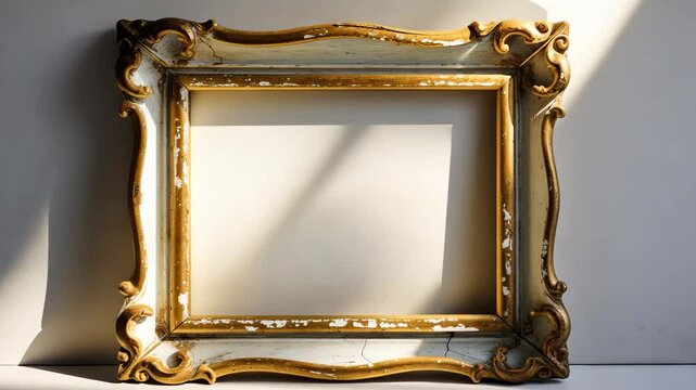 Vintage Antique Gold Brown Wooden Rectangle Canvas Frame Mockup Against White Background with Blank and Various Subject Molding Baguette. Design Element Suitable for Paint, Mirror, or Videograph.