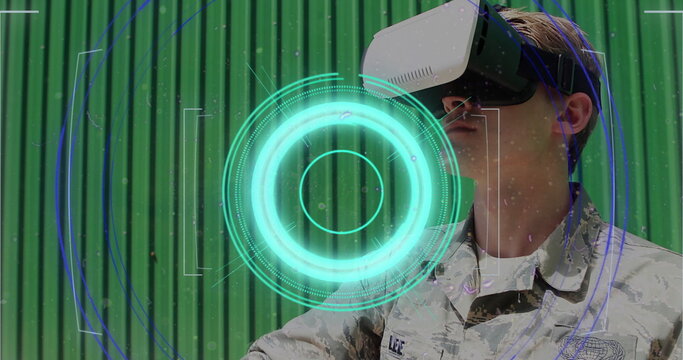 Light trails over neon scope scanner against soldier in uniform wearing vr headset