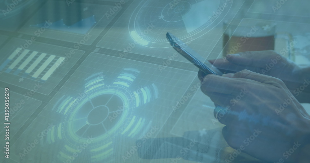 Poster image of scopes scanning and data processing on screens over person using smartphone