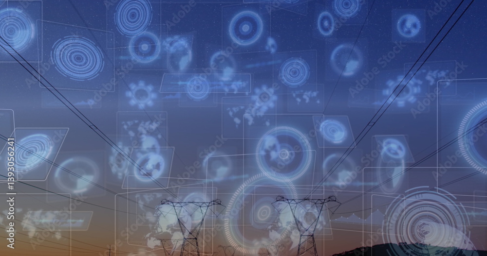 Poster image of scopes scanning and data processing on screens over electric pylons