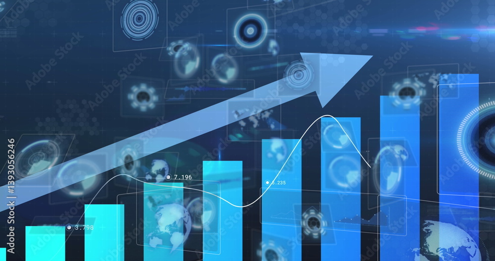 Poster image of blue arrow pointing up, scopes scanning and data processing on screens over grid