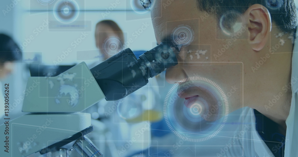 Poster image of scopes scanning and data processing on screens over male scientist with microscope