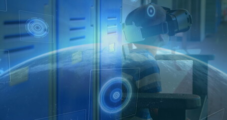 Image of scopes scanning and globe over schoolboy wearing vr headset