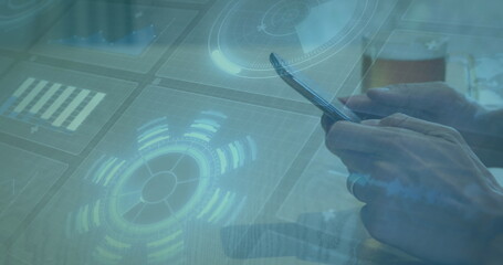 Image of scopes scanning and data processing on screens over person using smartphone