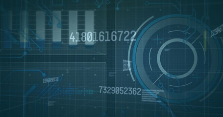 Image of numbers changing, scope scanning and data processing on screens over grid