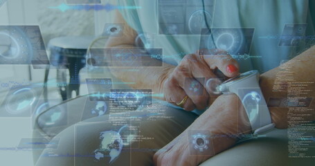 Image of scopes scanning and data processing on screens over woman checking smartwatch