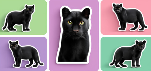 A collection of images of a black panther in various poses, a large feline appearance. The concept of protecting large animals in Africa.