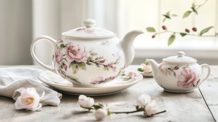 A cup of tea with a delicate teapot, soft floral patterns, serene and elegant