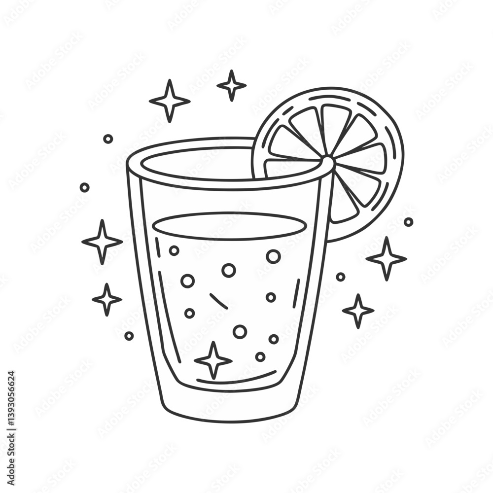 Poster citrus drink vector with lemon slice and bubbles in clean outline style for refreshing and fruity be