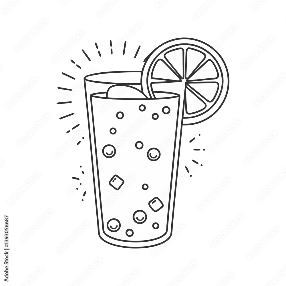 Poster refreshing citrus soda vector with ice cubes and lemon slice in clean outline style for summer drink