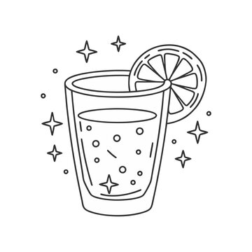 recommend clip art: Citrus drink vector with lemon slice and bubbles in clean outline style for refreshing and fruity beverage themes