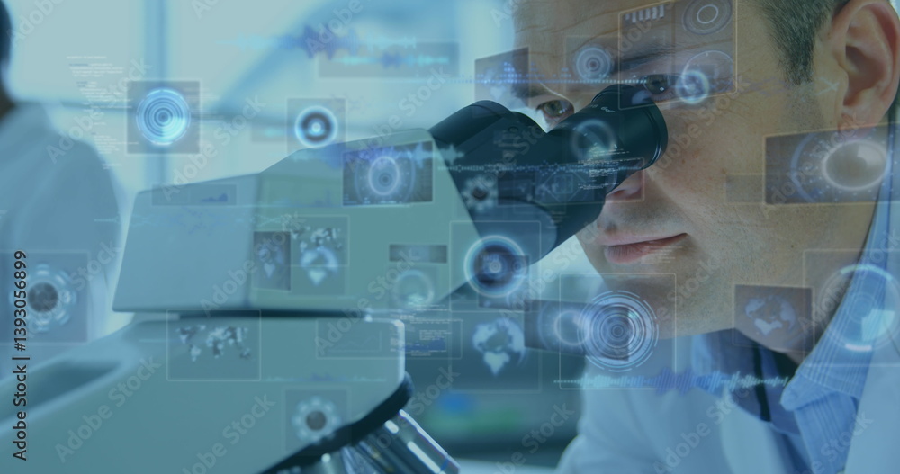 Poster image of scopes scanning and data processing on screens over male scientist using microscope