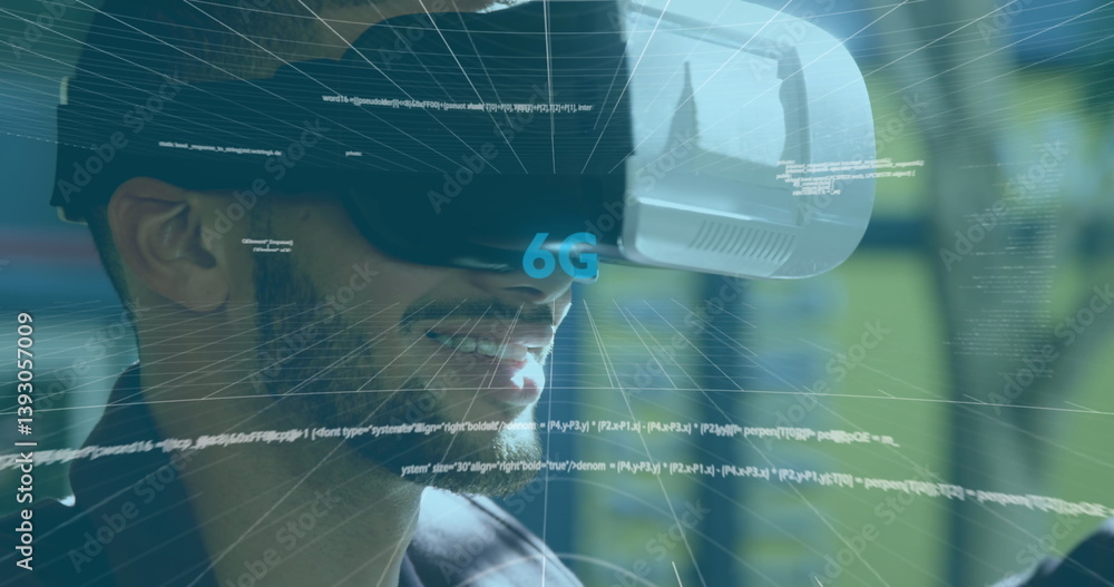 Poster image of 6g text, scope scanning and data processing on screens over man wearing vr headset
