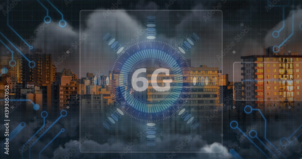 Poster image of 6g text, data processing and scope scanning on screens over cityscape