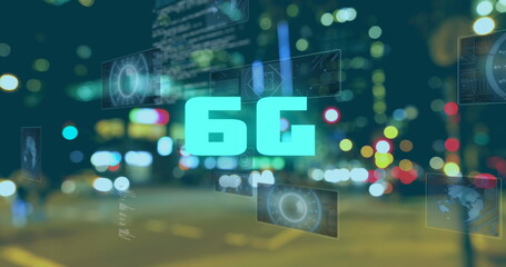 Image of 6g text, data processing and scopes scanning on screens over out of focus city lights