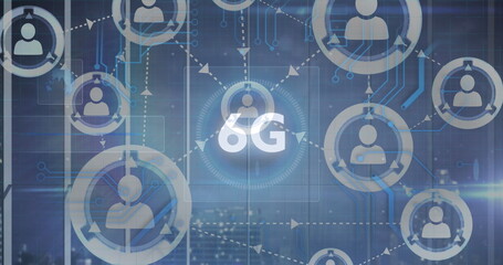 Image of 6g text, network of connections with people icons and scope scanning over cityscape