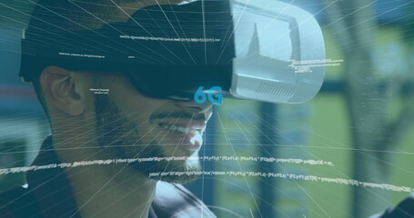Image of 6g text, scope scanning and data processing on screens over man wearing vr headset
