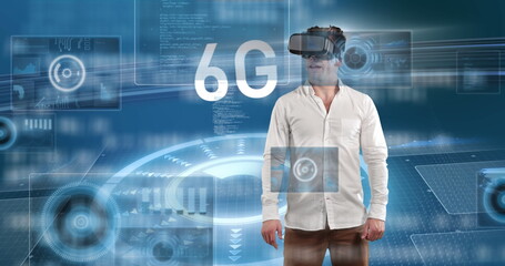 Image of 6g text, scopes scanning and data processing over man wearing vr headset