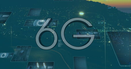 Image of 6g text, data processing and scopes scanning on screens over fast road traffic