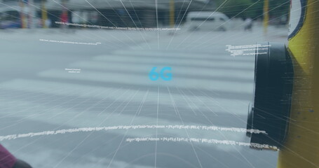 Image of 6g text, scope scanning and data processing over man pressing traffic lights button