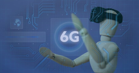 Image of 6g text, scope scanning and data processing over wooden mannequin wearing vr headset