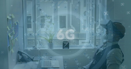Image of 6g text, scope scanning over man wearing vr headset