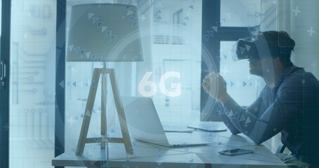 Image of 6g text and scope scanning over man wearing vr headset