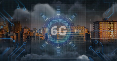 Image of 6g text, data processing and scope scanning on screens over cityscape