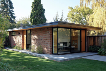 Modern Ranch-Style ADU with Brick and Wood Exterior in Garden Setting