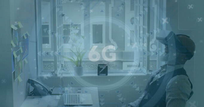 Image of 6g text, scope scanning over man wearing vr headset