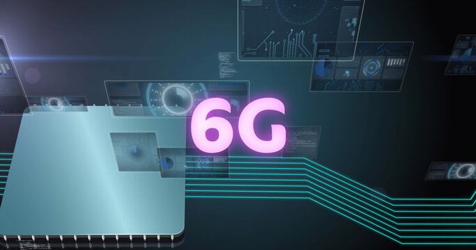 Image of 6g text, data processing and scopes scanning on screens over computer processor