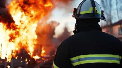Firefighter observing a large blaze in a residential area during sunset, showcasing urgency